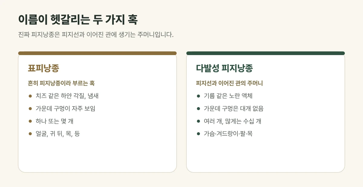 표피낭종과 다발성 피지낭종 비교 그림