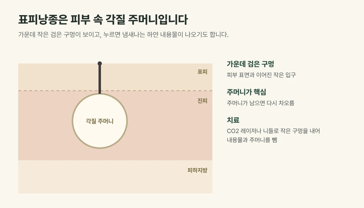 표피낭종 피부 단면 그림: 진피 속 각질 주머니와 가운데 작은 검은 구멍