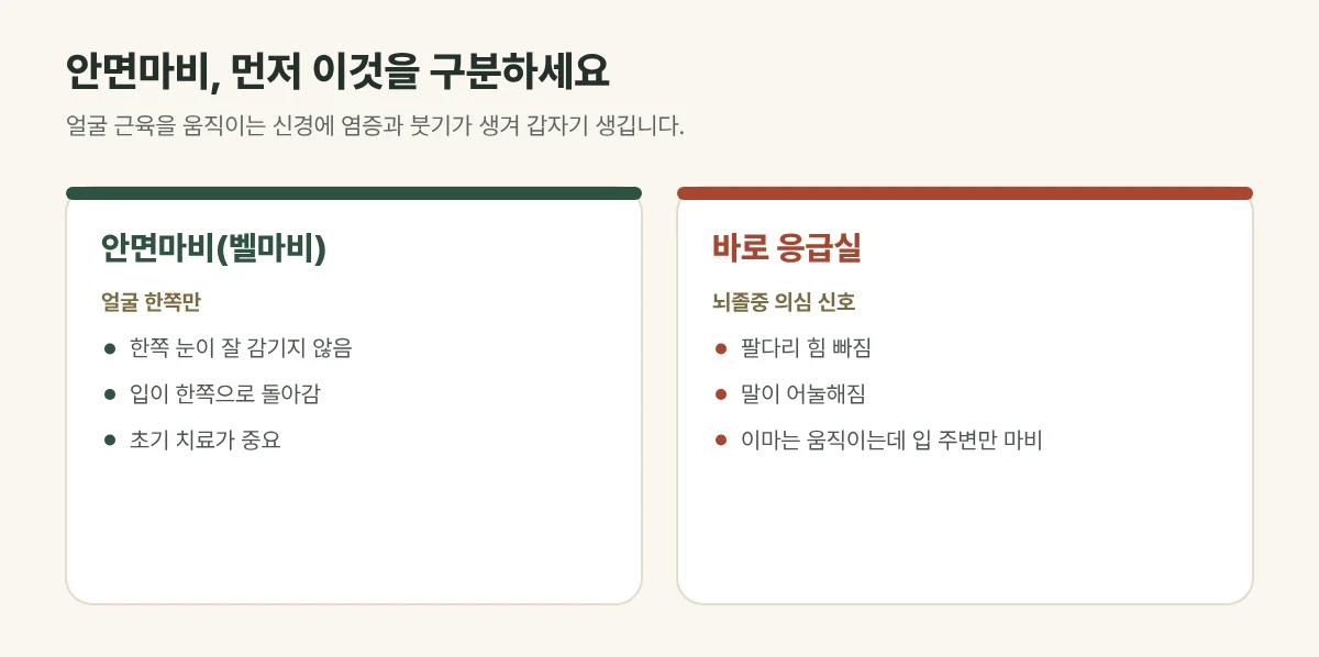 안면마비 증상과 응급 신호 비교 그림