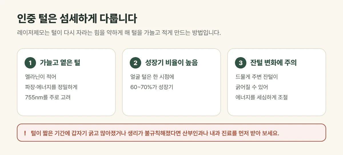 인중 레이저제모에서 살피는 세 가지 그림: 가늘고 옅은 털, 높은 성장기 비율, 잔털이 굵어지는 현상