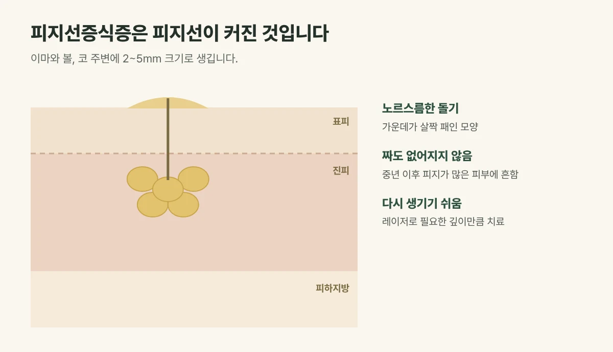 피지선증식증 피부 단면 그림: 커진 피지선 위로 가운데가 살짝 패인 노르스름한 돌기