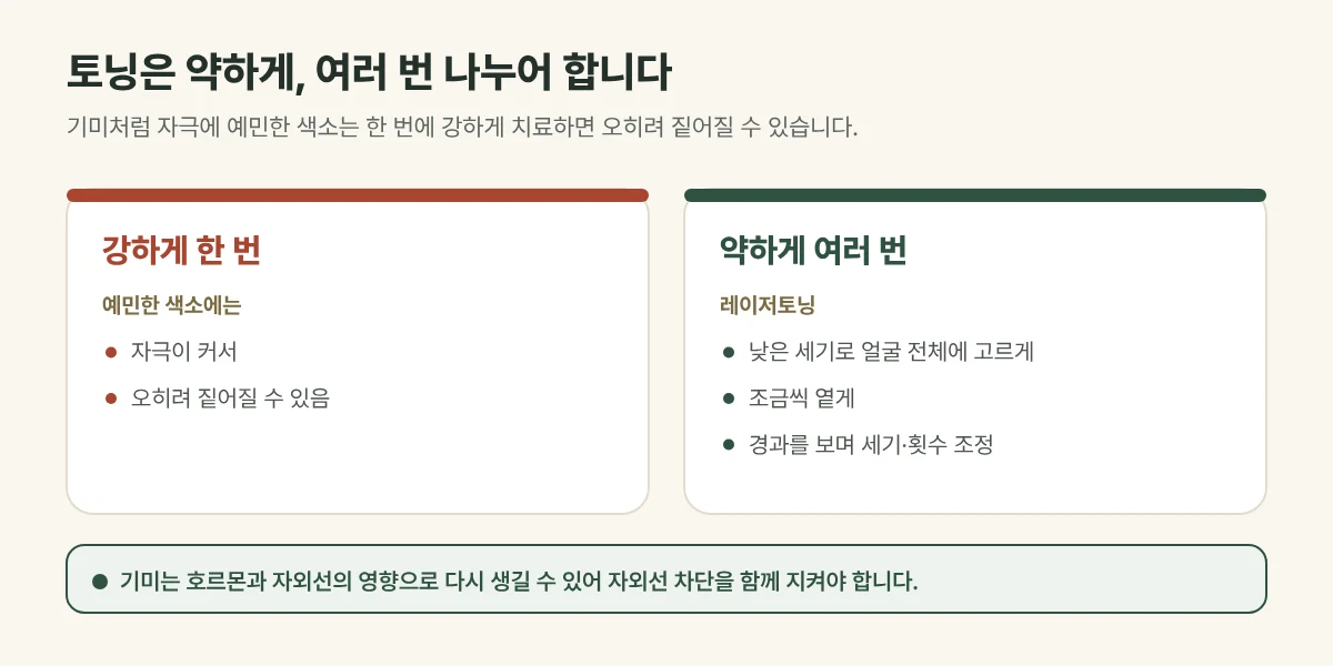 레이저토닝을 여러 번 받는 이유 그림: 강하게 한 번보다 낮은 세기로 여러 번 나누어 조금씩 옅게 함